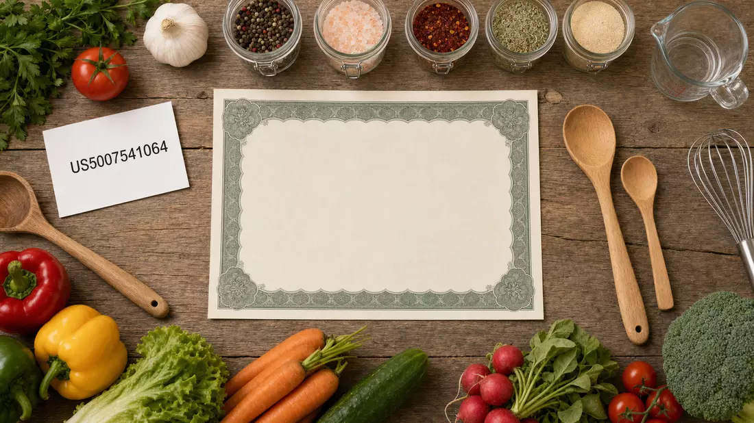 Flatlay mit Aktienzertifikat, Karte und Küchenutensilien auf Holztisch