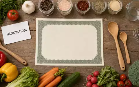 Flatlay-Arrangement mit Aktienzertifikat und ISIN-Karte zu Kraft Heinz, Aktie ISIN US5007541064, Lebensmittelutensilien - Foto: THN