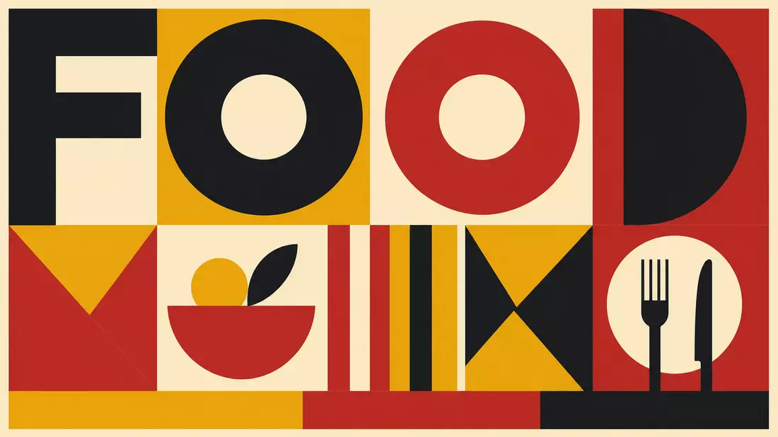 Geometrisches Bauhaus-Plakat mit Kreisen, Dreiecken und dem Wort FOOD