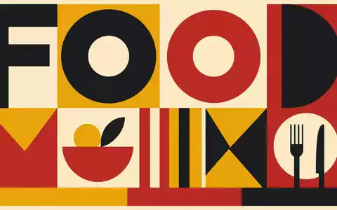 Bauhaus-Poster mit geometrischen Formen und Sektor-Text FOOD für Kraft Heinz, Aktie ISIN US5007541064, minimalistisch - Foto: THN