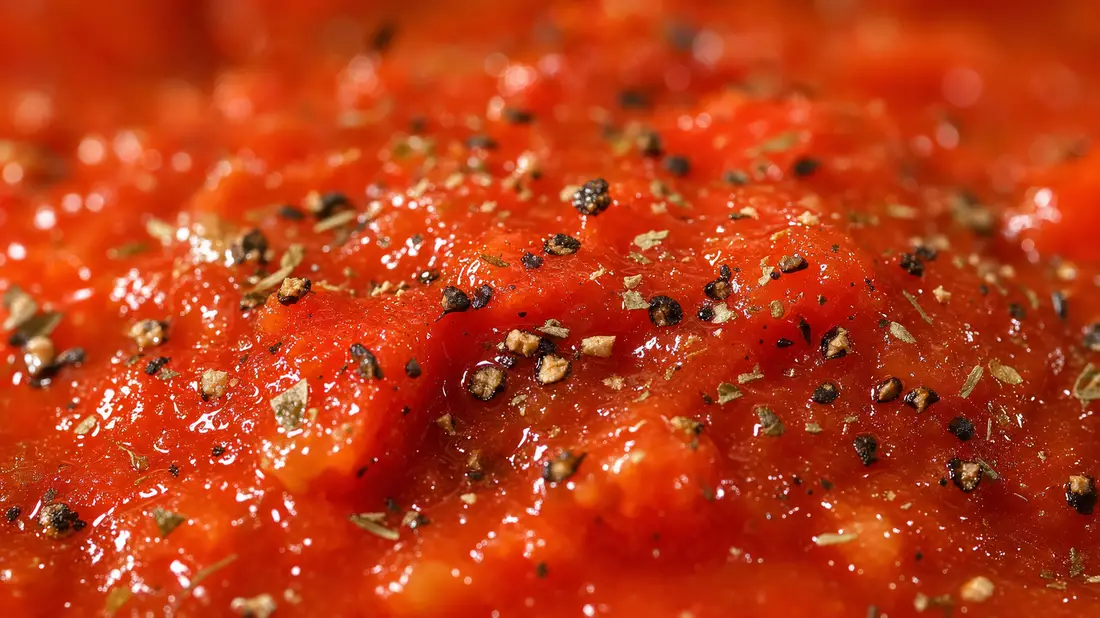 Makrofoto von roter Sauce mit Gewürzkörnern in extremer Nahaufnahme