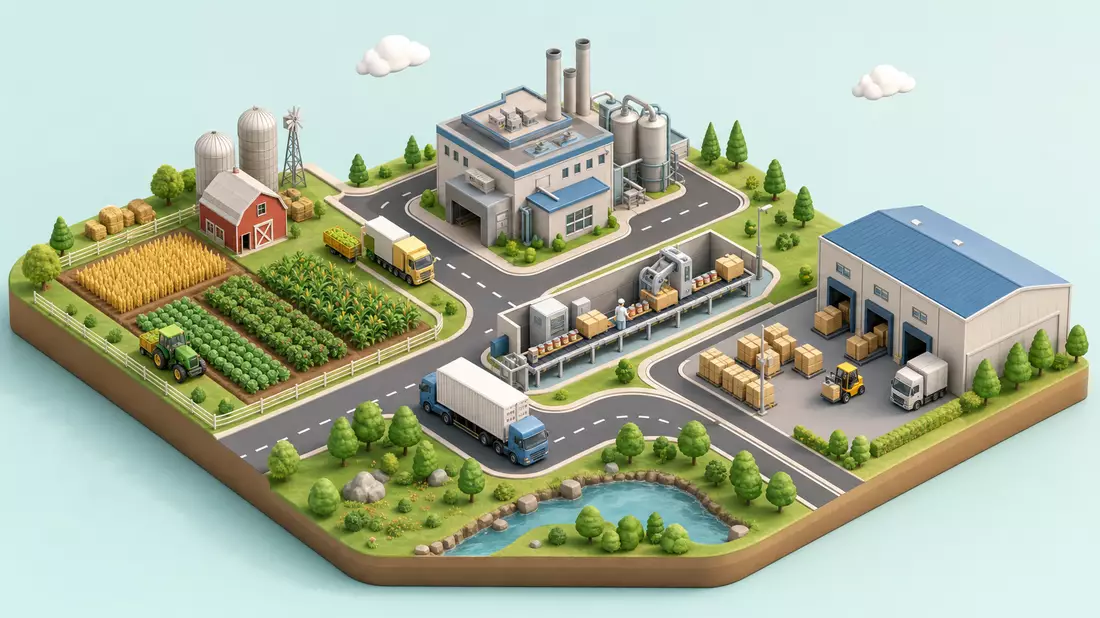 Isometrische 3D-Illustration einer Lieferkette von Farm bis Vertrieb