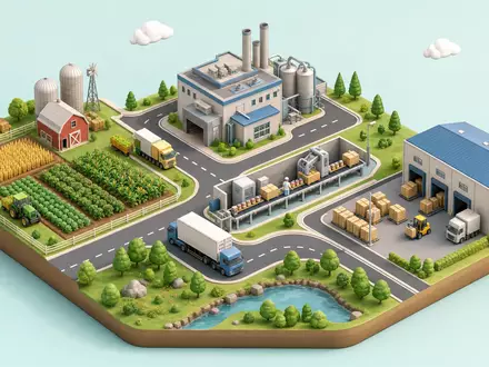Isometrische 3D-Grafik zeigt die gesamte Lebensmittel-Wertschöpfungskette von Kraft Heinz, Aktie ISIN US5007541064, als Prozessdiagramm - Foto: THN