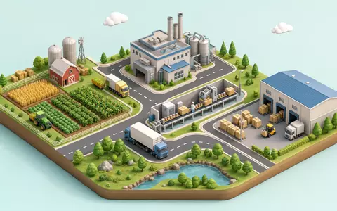 Isometrische 3D-Grafik zeigt die gesamte Lebensmittel-Wertschöpfungskette von Kraft Heinz, Aktie ISIN US5007541064, als Prozessdiagramm - Foto: THN