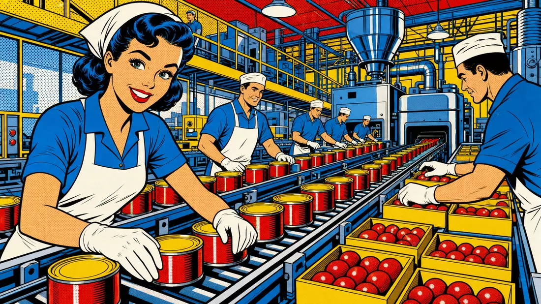 Pop-Art-Comic-Illustration einer bunten Fabrikszene mit Halftone-Punkten