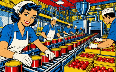Farbenfrohe Pop-Art-Comic-Szene einer belebten Lebensmittelfabrik für Kraft Heinz, Aktie ISIN US5007541064, im Retro-Illustrationsstil - Foto: THN