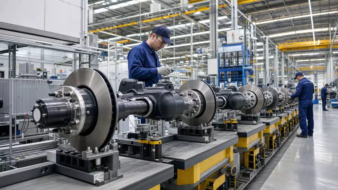 Moderne Fabrikhalle mit Bremsscheiben-Montage für Nutzfahrzeuge, Arbeiter in Schutzkleidung