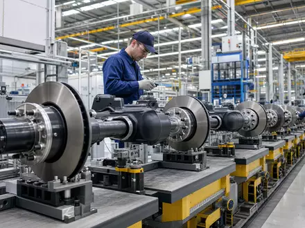 Fotorealistische Fabrikhalle zeigt Bremssystem-Fertigung von Knorr-Bremse AG, Aktie mit ISIN DE000KBX1006 an Börse gehandelt - Foto: THN