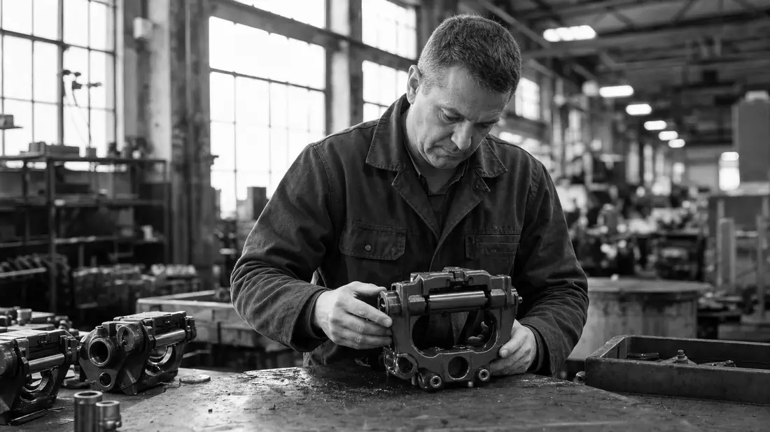 Schwarzweißes Reportagefoto eines Ingenieurs mit Bremssattel in Werkshalle