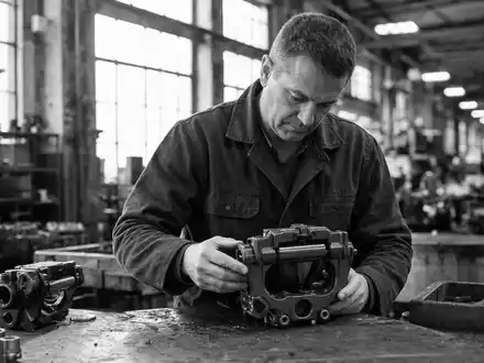 SchwarzweiĂ-Reportagefoto dokumentiert Ingenieur bei PrĂŒfung von Bremskomponenten, Knorr-Bremse AG Aktie ISIN DE000KBX1006 börsennotiert - Foto: THN