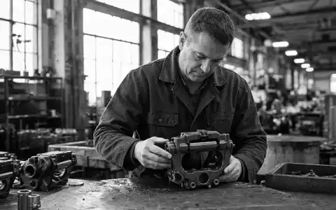 Schwarzweiß-Reportagefoto dokumentiert Ingenieur bei Prüfung von Bremskomponenten, Knorr-Bremse AG Aktie ISIN DE000KBX1006 börsennotiert - Foto: THN