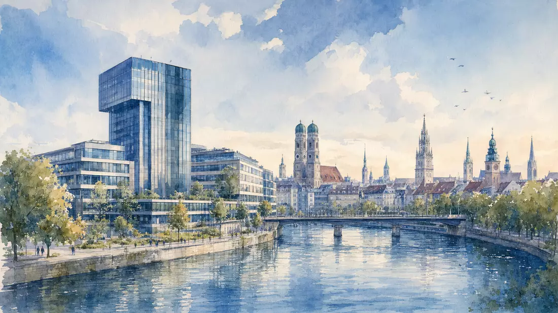 Aquarellbild der Münchner Skyline mit modernem Bürogebäude am Flussufer