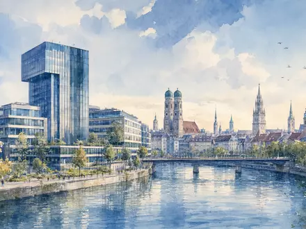 Aquarellmalerei zeigt Münchner Stadtsilhouette nahe Firmensitz von Knorr-Bremse AG, Aktie mit ISIN DE000KBX1006 gelistet - Foto: THN