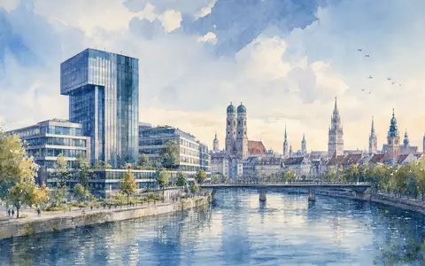 Aquarellmalerei zeigt Münchner Stadtsilhouette nahe Firmensitz von Knorr-Bremse AG, Aktie mit ISIN DE000KBX1006 gelistet - Foto: THN