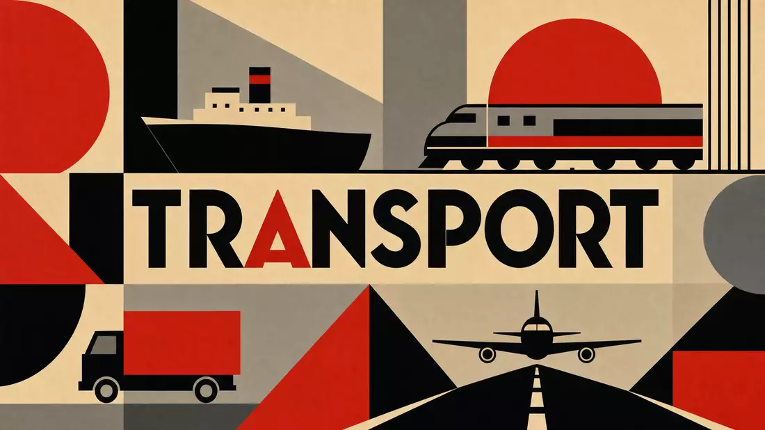 Geometrisches Bauhaus-Poster mit Zug, LKW, Schiff und Flugzeug in Rot und Schwarz