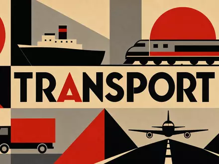 Bauhaus-Poster mit geometrischen Formen und Transport-Motiv repräsentiert Knorr-Bremse AG, Aktie mit ISIN DE000KBX1006 gelistet - Foto: THN