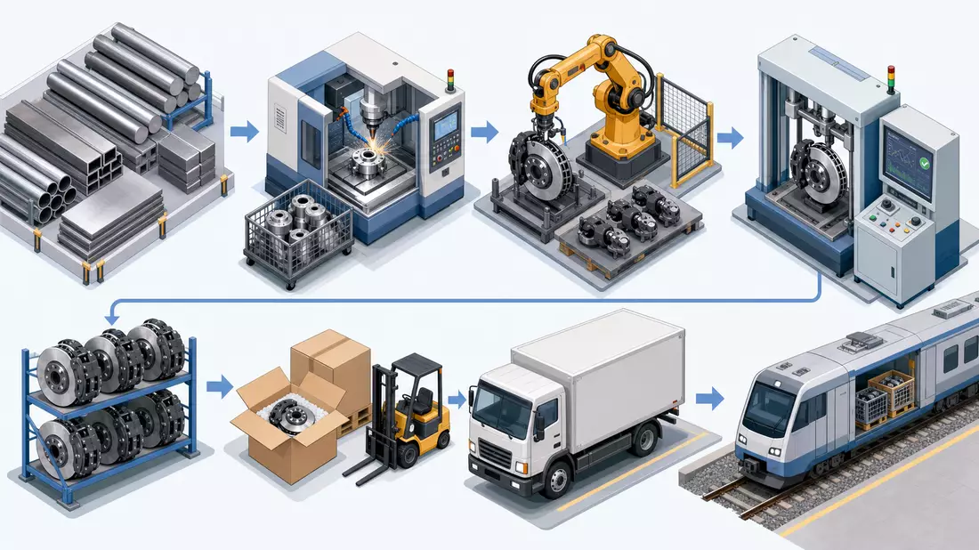 Isometrische Illustration einer Fertigungskette für Bremskomponenten mit LKW und Zug