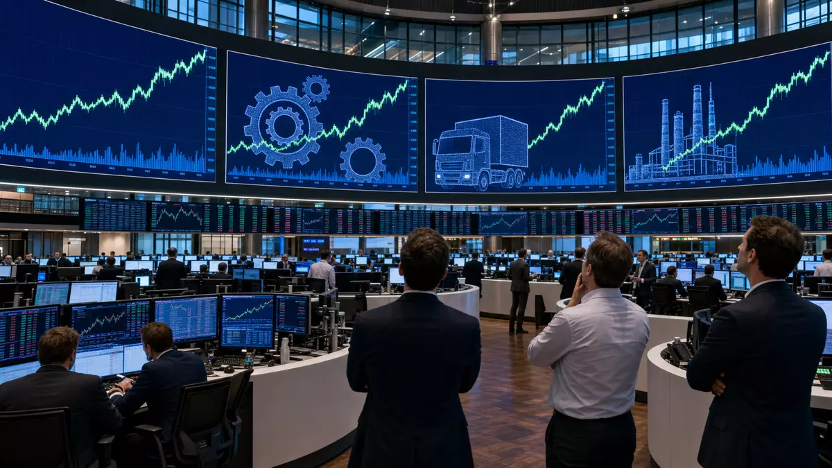 Frankfurter Handelsraum mit Kursbildschirmen und Symbolen für Industrie und Transport