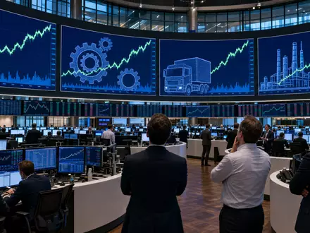 Börsen-Editorialfoto zeigt Handelsraum mit Sektor-Charts, passend zu Knorr-Bremse AG, Aktie mit ISIN DE000KBX1006 gelistet - Foto: THN