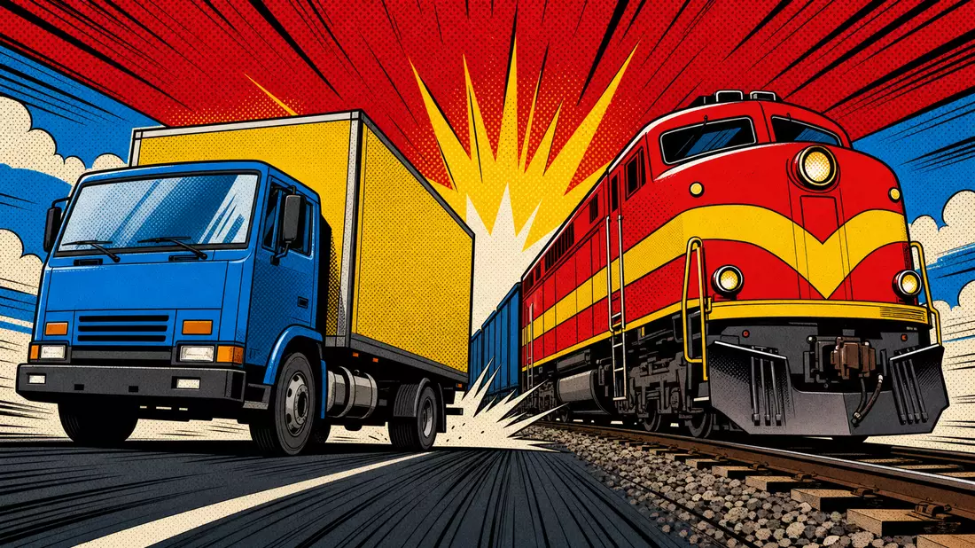 Bunte Comic-Illustration eines LKW und Güterzugs im Pop-Art-Stil mit Actionlinien