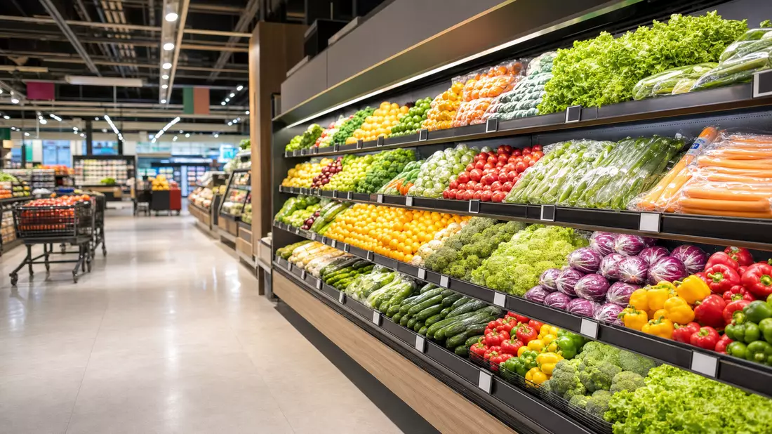 Fotorealistisches Supermarktregal mit frischem Obst und Gemüse in heller Filiale