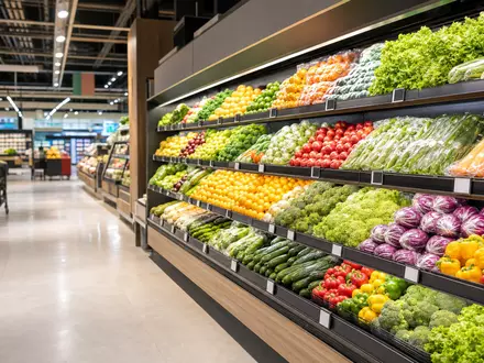 Kroger Co. mit ISIN US5010441013 betreibt Supermärkte, hier ein Regal mit frischem Obst und Gemüse - Foto: THN