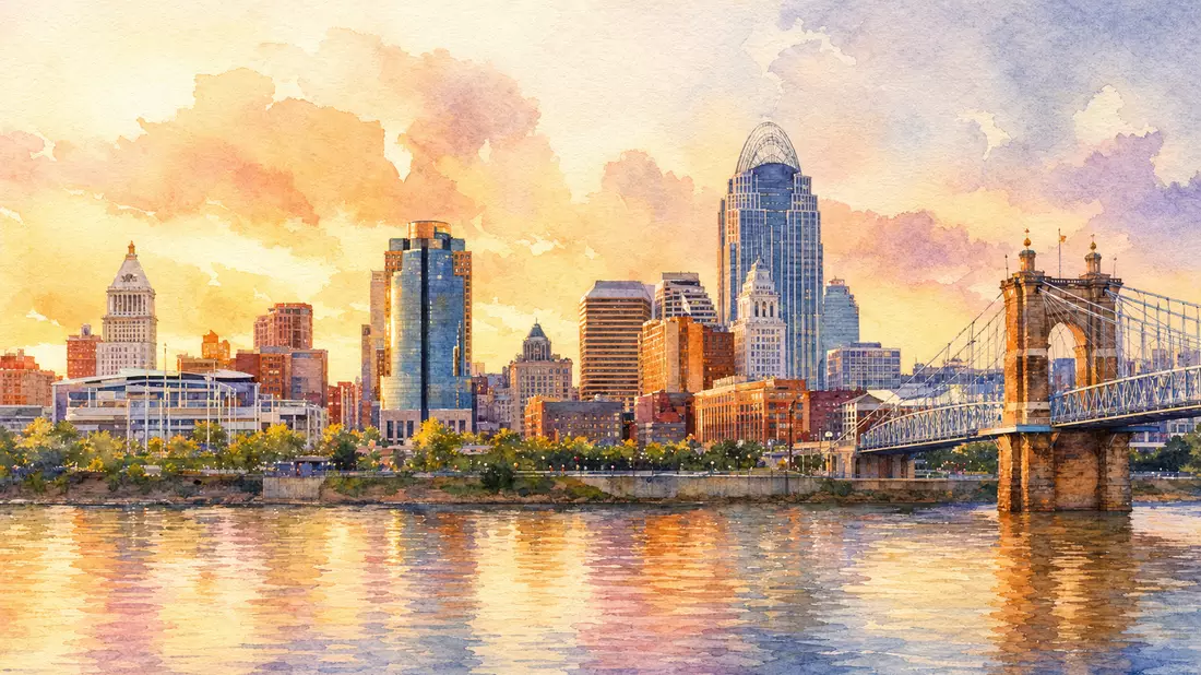 Aquarellmalerei der Skyline von Cincinnati bei Sonnenuntergang am Fluss