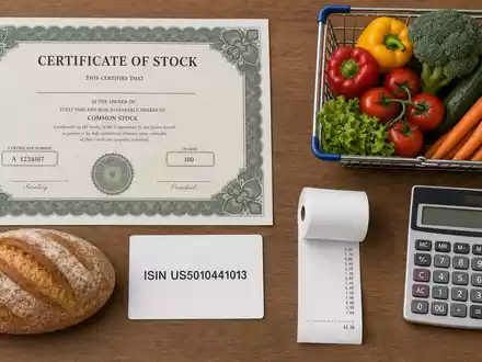 Kroger Co. mit ISIN US5010441013 illustriert als Flatlay mit Aktienzertifikat, ISIN-Karte und frischen Lebensmitteln - Foto: THN