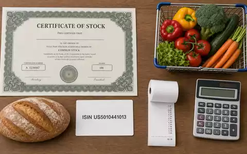 Kroger Co. mit ISIN US5010441013 illustriert als Flatlay mit Aktienzertifikat, ISIN-Karte und frischen Lebensmitteln - Foto: THN