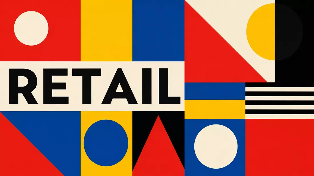 Bauhaus-Poster mit geometrischen Formen und dem Wort RETAIL in kräftigen Farben