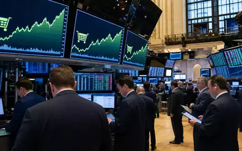 Kroger Co. mit ISIN US5010441013 notiert an der NYSE, editorial gezeigt am Trading-Floor mit Einzelhandels-Charts - Foto: THN