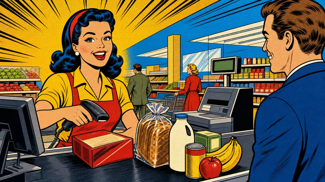 Pop-Art-Comic mit fröhlicher Kassiererin beim Scannen von Lebensmitteln an der Kasse