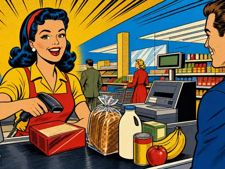 Kroger Co. mit ISIN US5010441013 im Einzelhandel, verspielt als Pop-Art-Comic an einer Supermarktkasse dargestellt - Foto: THN