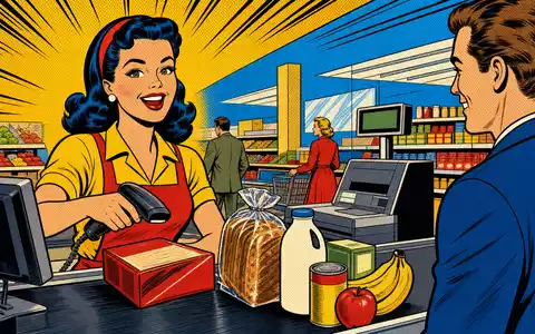 Kroger Co. mit ISIN US5010441013 im Einzelhandel, verspielt als Pop-Art-Comic an einer Supermarktkasse dargestellt - Foto: THN
