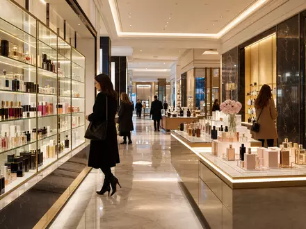 Das Foto zeigt den eleganten Premium-Parfümerie-Store der Douglas Group, Aktie DE000BEAU7Y1, mit beleuchteten Glasregalen - Foto: THN