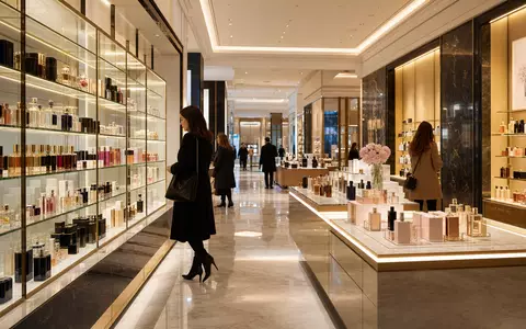 Das Foto zeigt den eleganten Premium-Parfümerie-Store der Douglas Group, Aktie DE000BEAU7Y1, mit beleuchteten Glasregalen - Foto: THN