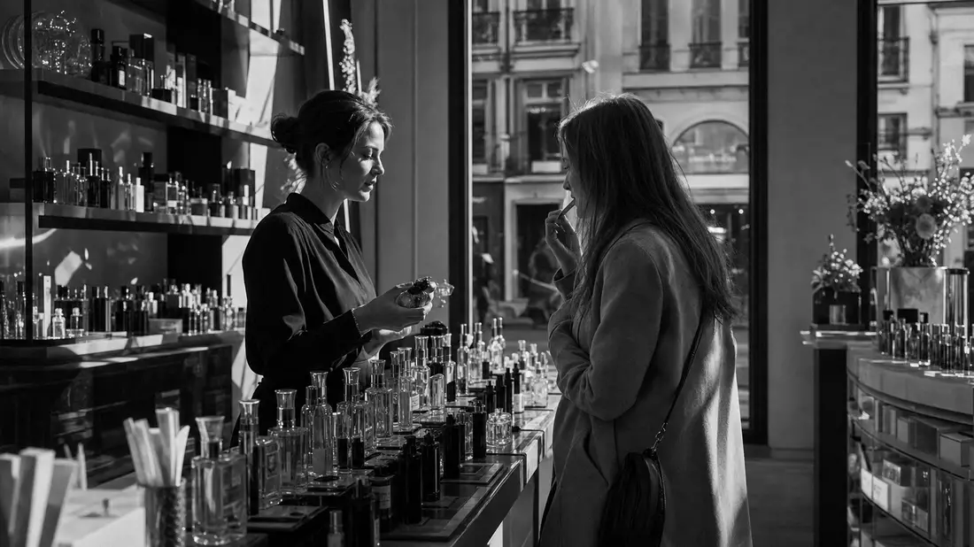 Schwarz-Weiß-Reportagefoto einer Verkaufsberatung im Beauty-Store der Douglas Group