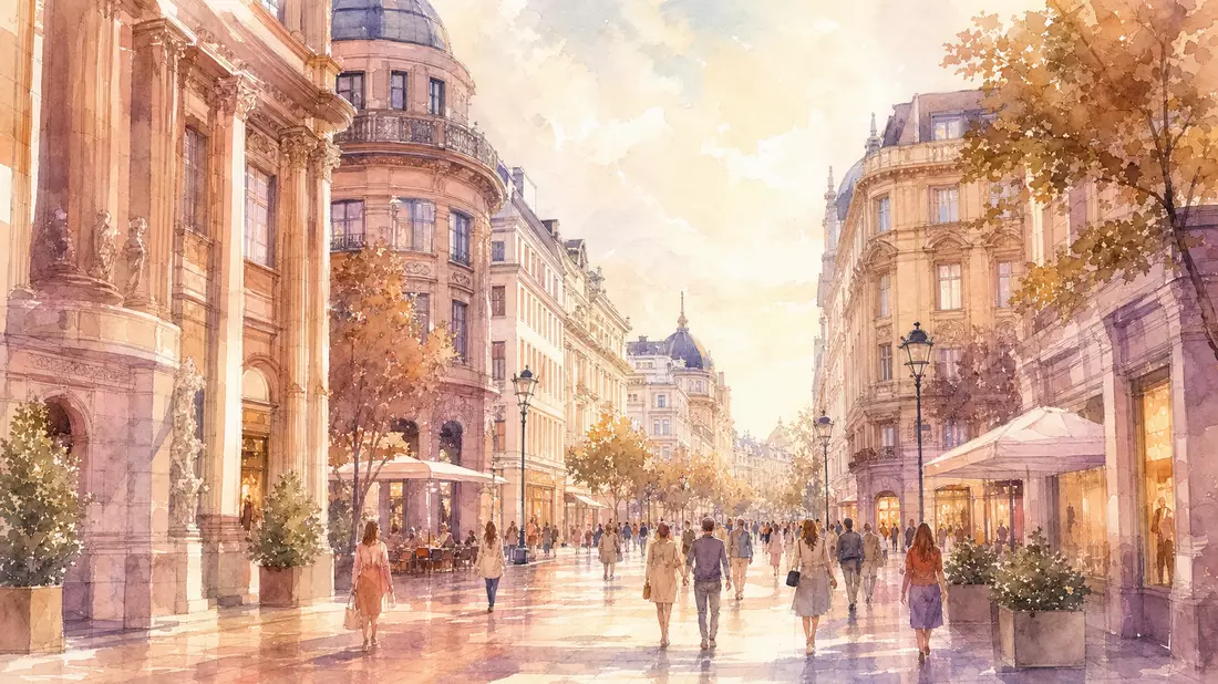 Aquarellillustration des Düsseldorfer Einkaufsboulevards als Heimatstadt der Douglas Group
