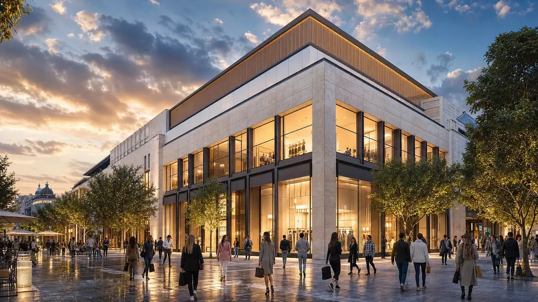 Architektur-CGI-Render eines modernen Premium-Retailgebäudes der Douglas Group