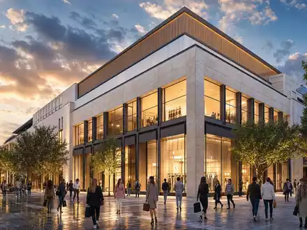 Der fotorealistische Architektur-Render zeigt das moderne Premium-Flagship-Gebäude der Douglas Group, ISIN DE000BEAU7Y1 - Foto: THN