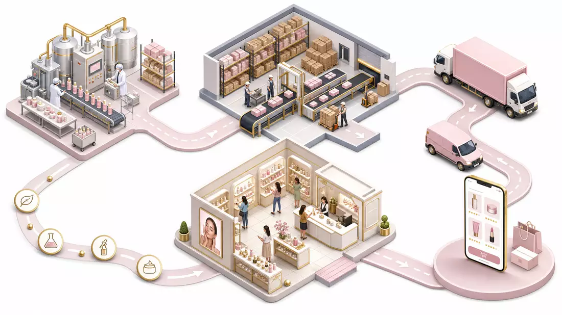 Isometrische 3D-Illustration der Wertschöpfungskette im Premium-Beauty-Handel der Douglas Group