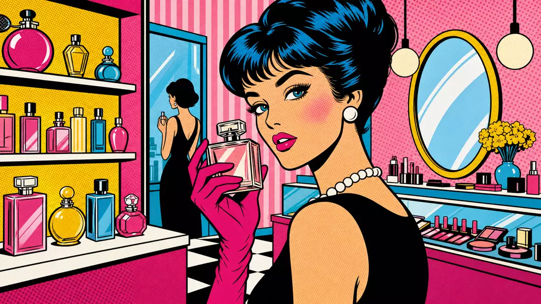 Pop-Art-Comic-Illustration einer stylischen Frau beim Parfümkauf in einem Beauty-Store