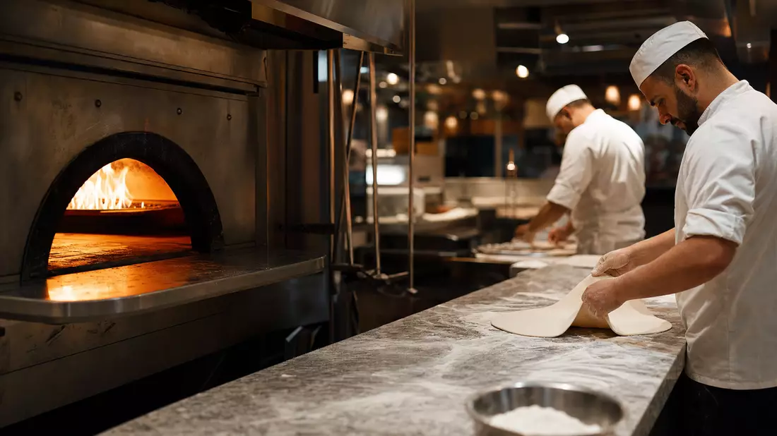 Pizzabäcker streckt Teig vor glühendem Holzofen in Profiküche