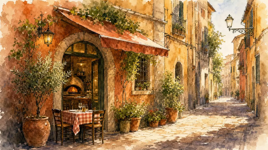Aquarell einer südeuropäischen Gasse mit gemütlichem Pizzarestaurant