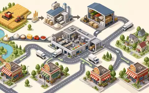 Domino's Pizza US25754A1016 isometrische 3D-Wertschöpfungskette von Weizenfeld, Mühle, Lager und Küche bis zur Filiale - Foto: THN