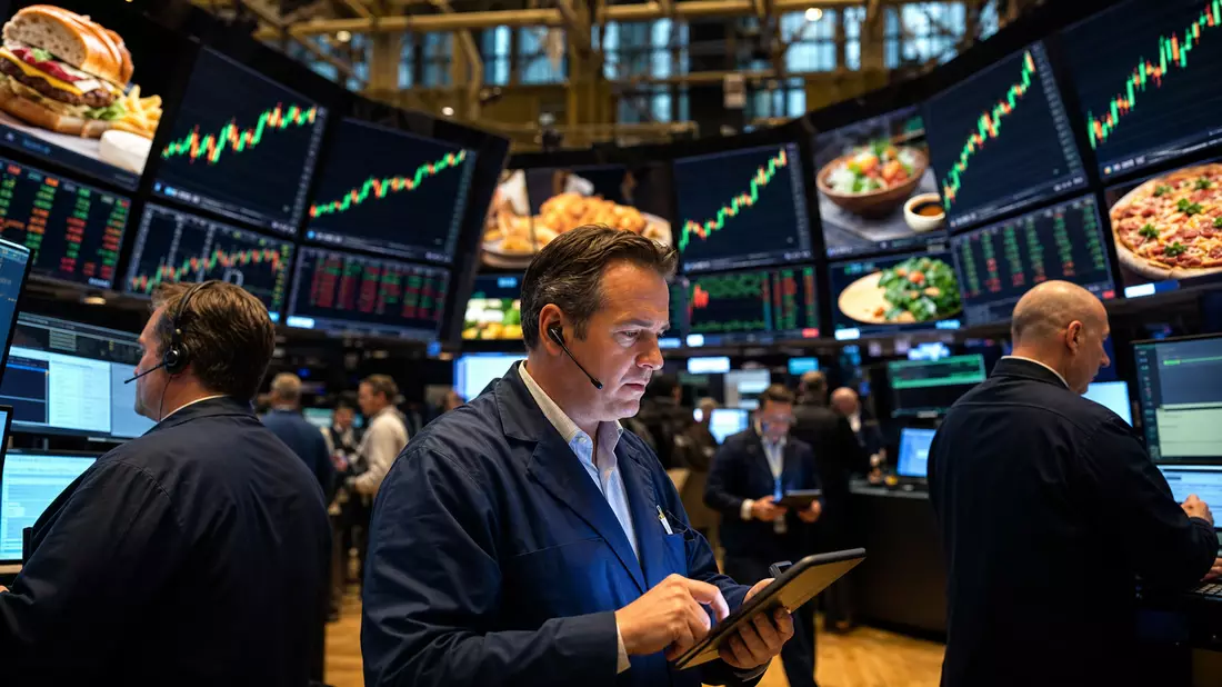 NYSE-Handelsparkett mit Händlern und Lebensmittelsektor-Kursanzeigen