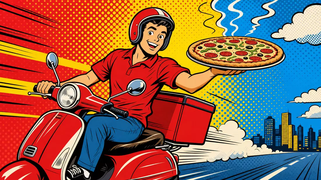 Pop-Art-Comic: Lieferkurier auf rotem Roller hält dampfende Pizza in Halbtonszenerie