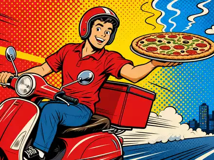 Domino's Pizza US25754A1016 farbiger Pop-Art-Comic: Lieferkurier auf rotem Roller hält dampfende Pizza in Halbton-Szenerie - Foto: THN