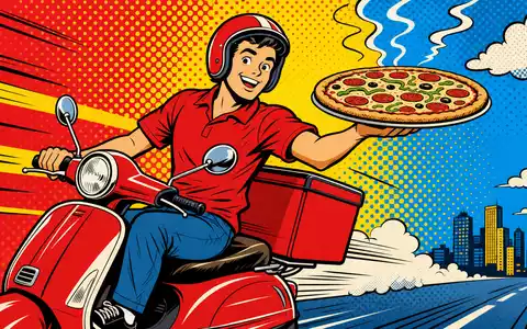 Domino's Pizza US25754A1016 farbiger Pop-Art-Comic: Lieferkurier auf rotem Roller hält dampfende Pizza in Halbton-Szenerie - Foto: THN