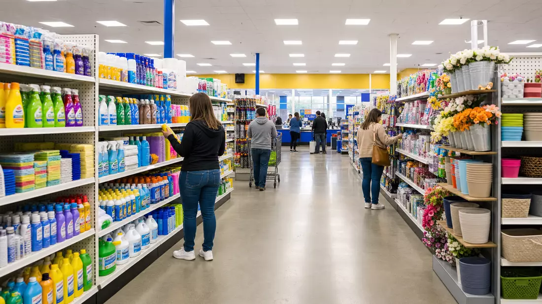Fotorealistisches Innenbild eines Discounters mit farbigen Produktregalen